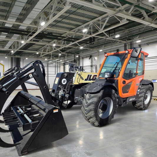Burwell Material Handling 2024 JLG 925 Ag telehandler with orange cab and black grapple bucket in a field