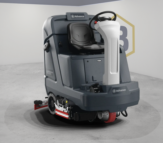 Burwell Material Handling Nilfisk SC5000 34D ride-on floor scrubber with ergonomic seat and grey industrial design