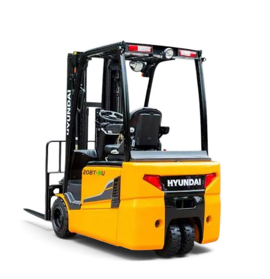 Burwell Material Handling 2024 Hyundai 20BT-9U yellow electric 3-wheel rider forklift in a warehouse setting