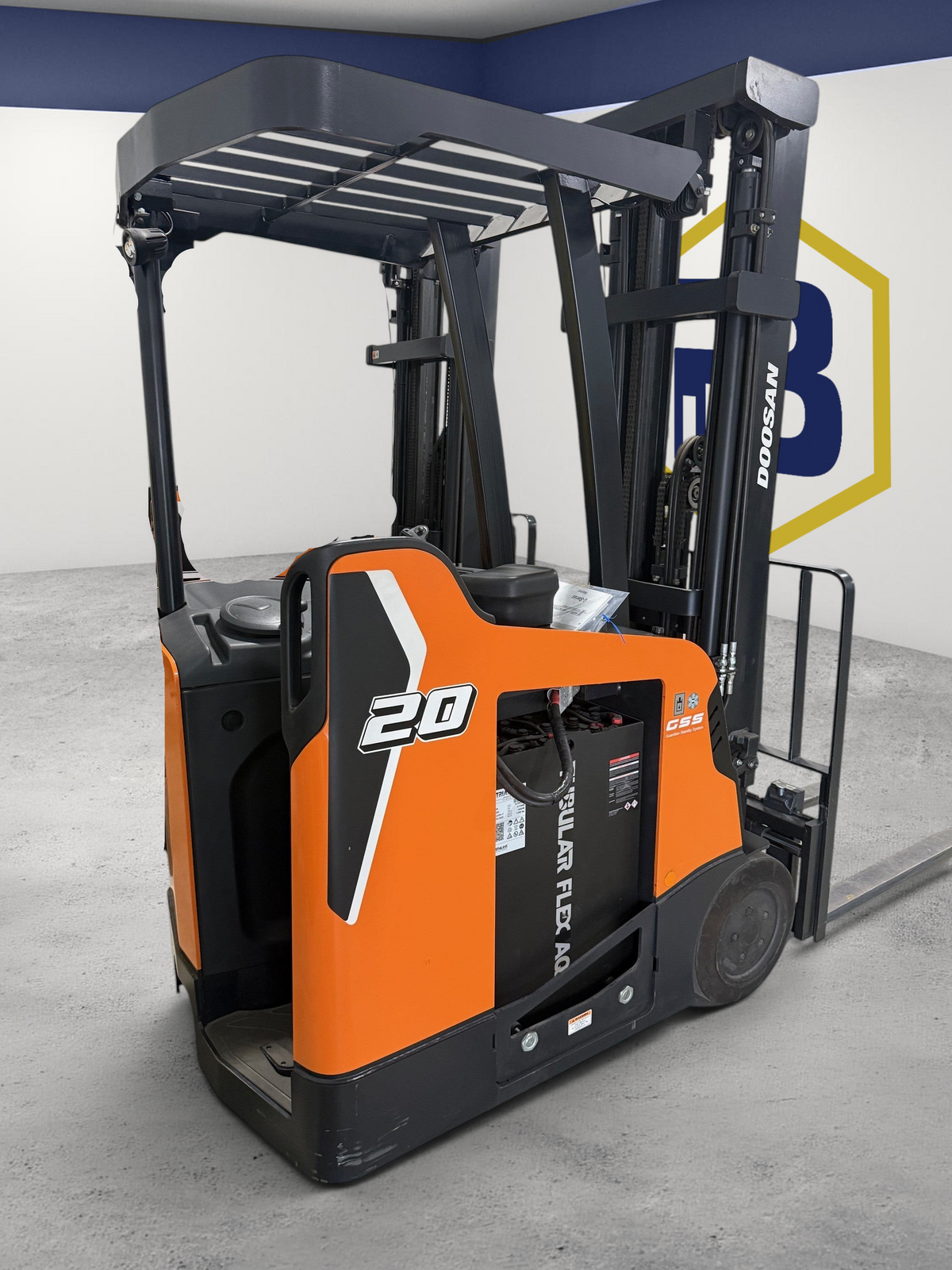 Burwell Material Handling 2022 Doosan B20SU-9 electric stand-up forklift in orange and black for warehouse use