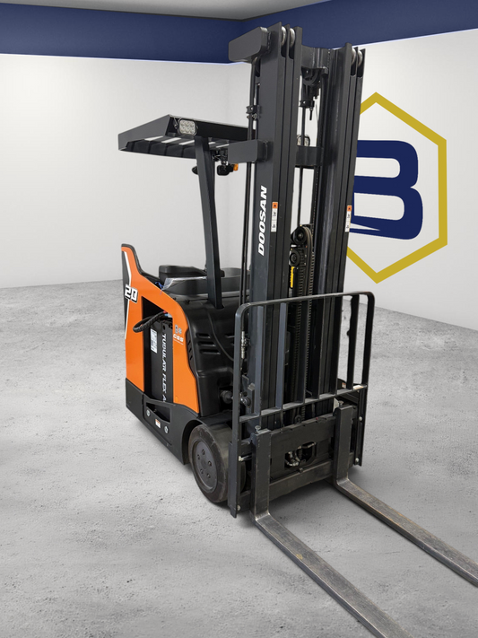 Burwell Material Handling 2022 Doosan B20SU-9 electric stand-up forklift with orange and black chassis