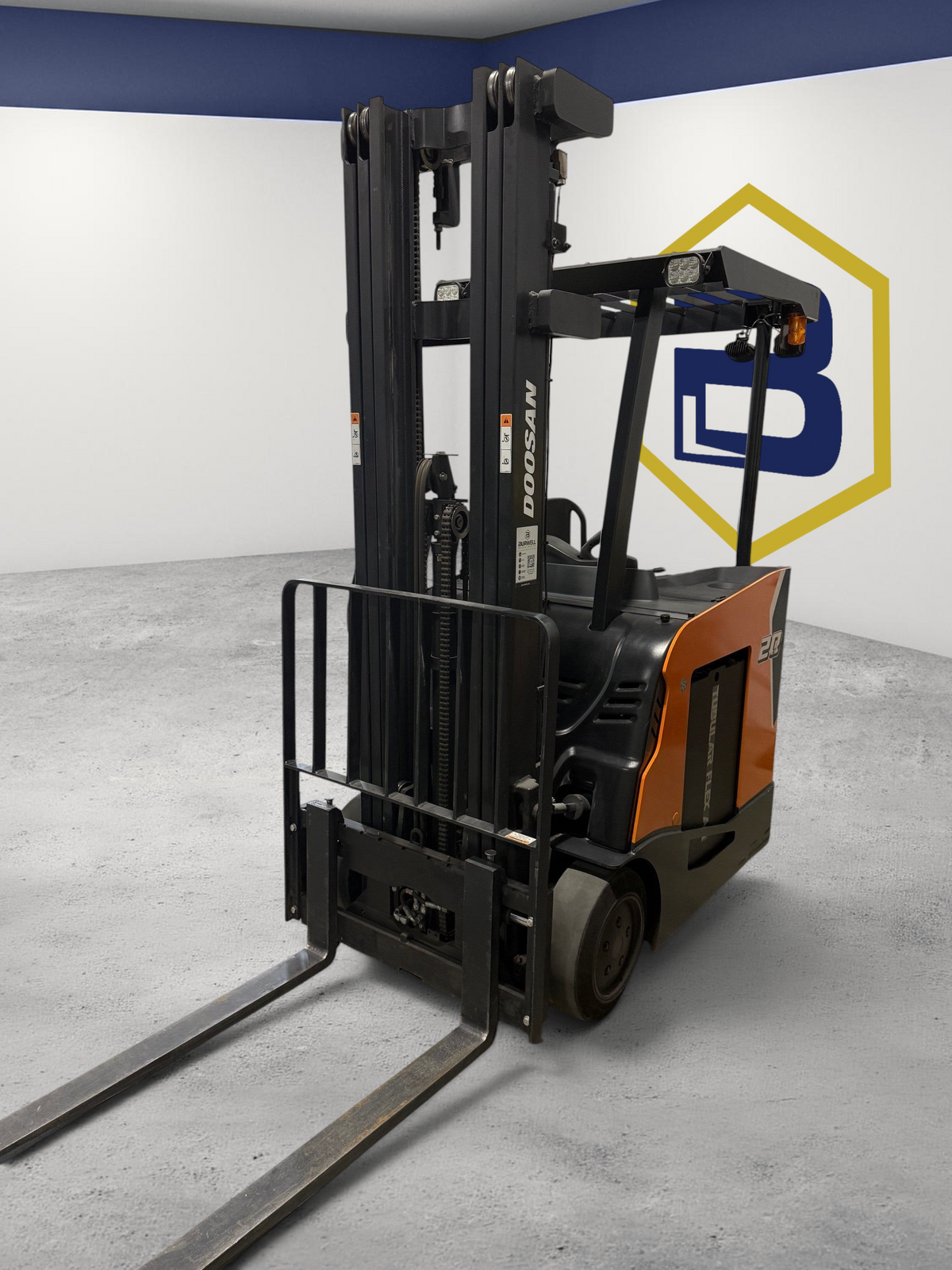 Burwell Material Handling 2022 Doosan B20SU-9 electric stand-up forklift with orange and black chassis in warehouse