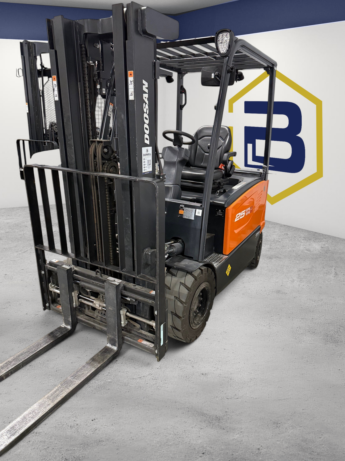 Burwell Material Handling 2022 Doosan B25X-7 electric sit-down forklift with orange and black finish in a warehouse