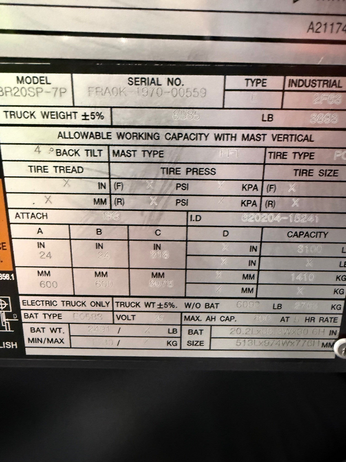 Burwell Material Handling 2022 Doosan BR20SP-7 forklift data plate showing model, serial number, and capacity specs.