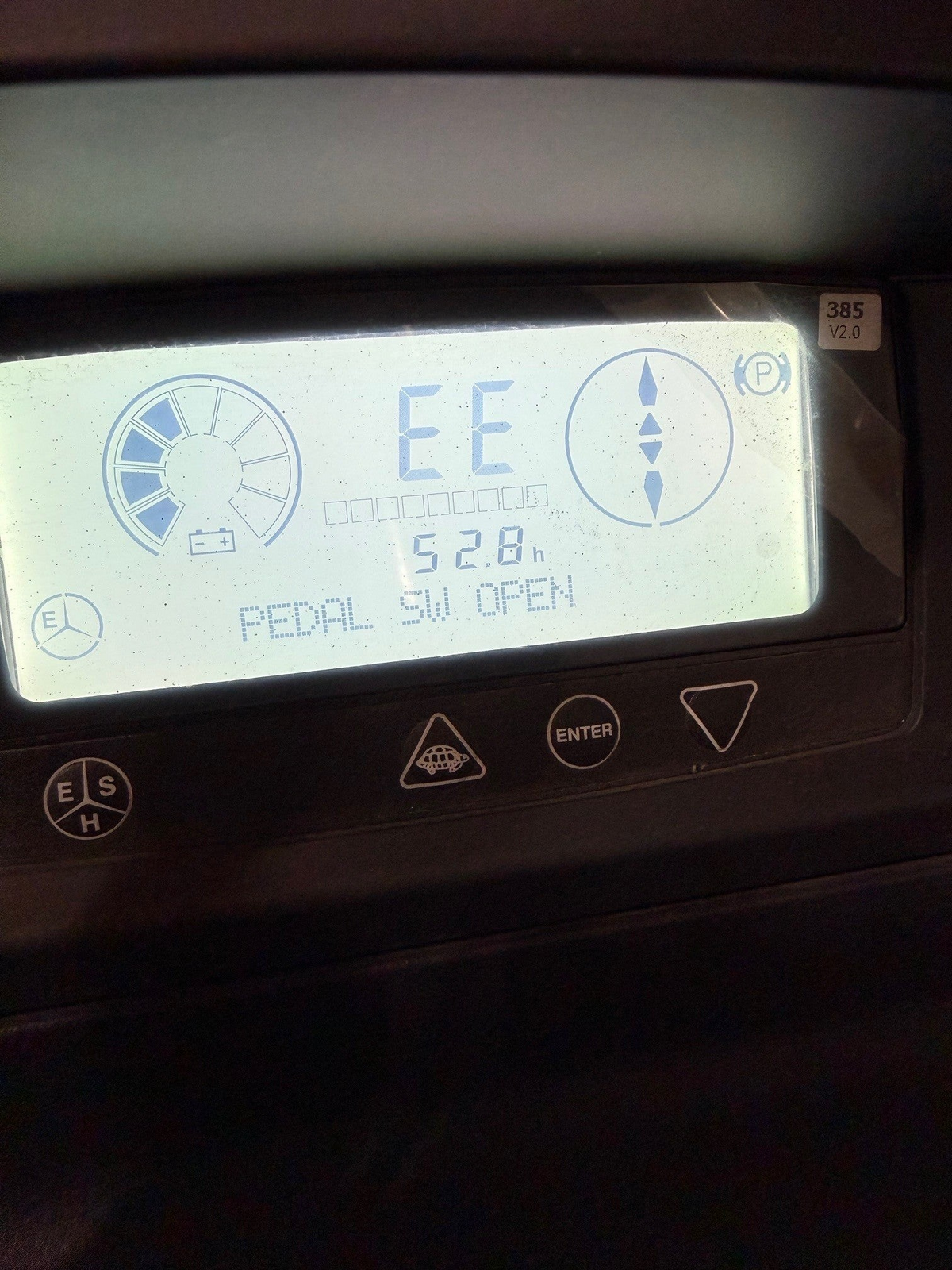Burwell Material Handling digital dashboard display on a 2022 Doosan BR20SP-7 forklift showing 52.8 operating hours