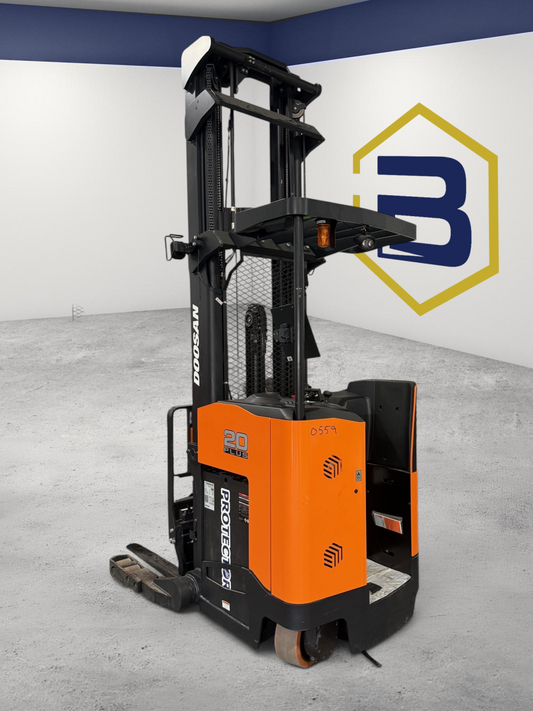 Burwell Material Handling 2022 Doosan BR20SP-7 electric order picker forklift in orange and black for narrow aisles.