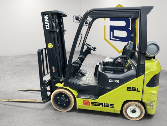 Burwell Material Handling 2018 Clark S25C forklift with triple mast, sideshifter, and non-marking tires.