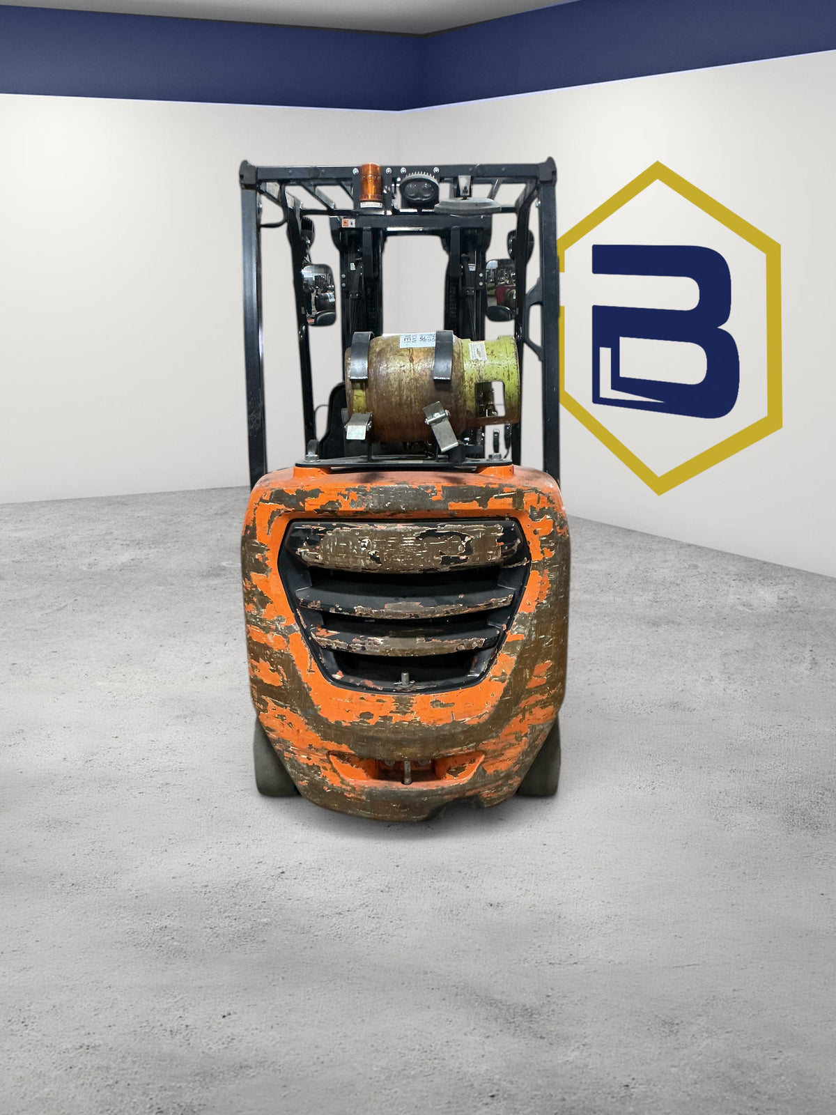 Burwell Material Handling used Doosan GC30S-9 LPG cushion-tire forklift in orange, front view in a warehouse.