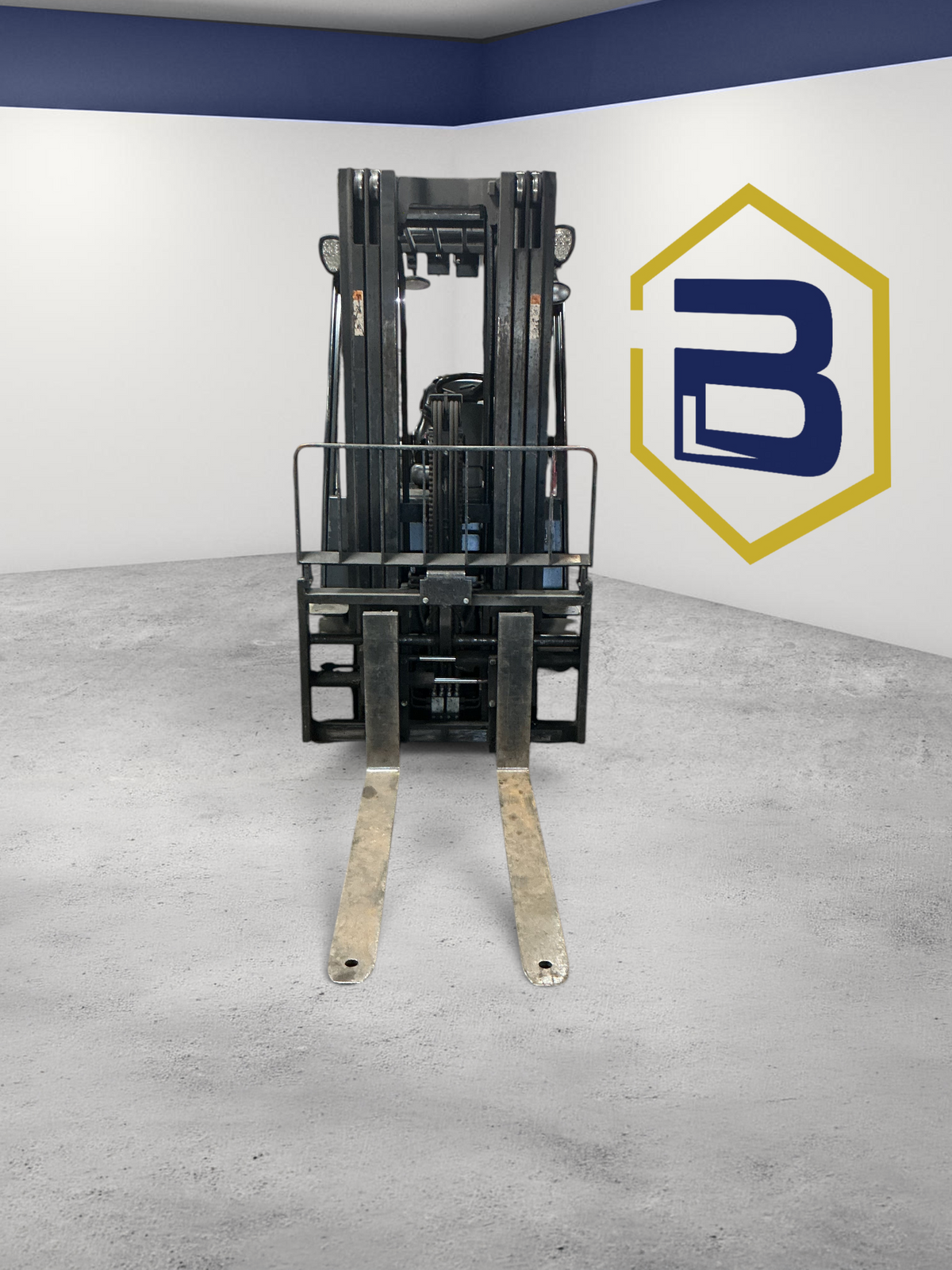 Burwell Material Handling Doosan GC30S-9 6,000 lb cushion-tire LPG forklift, front view in warehouse setting