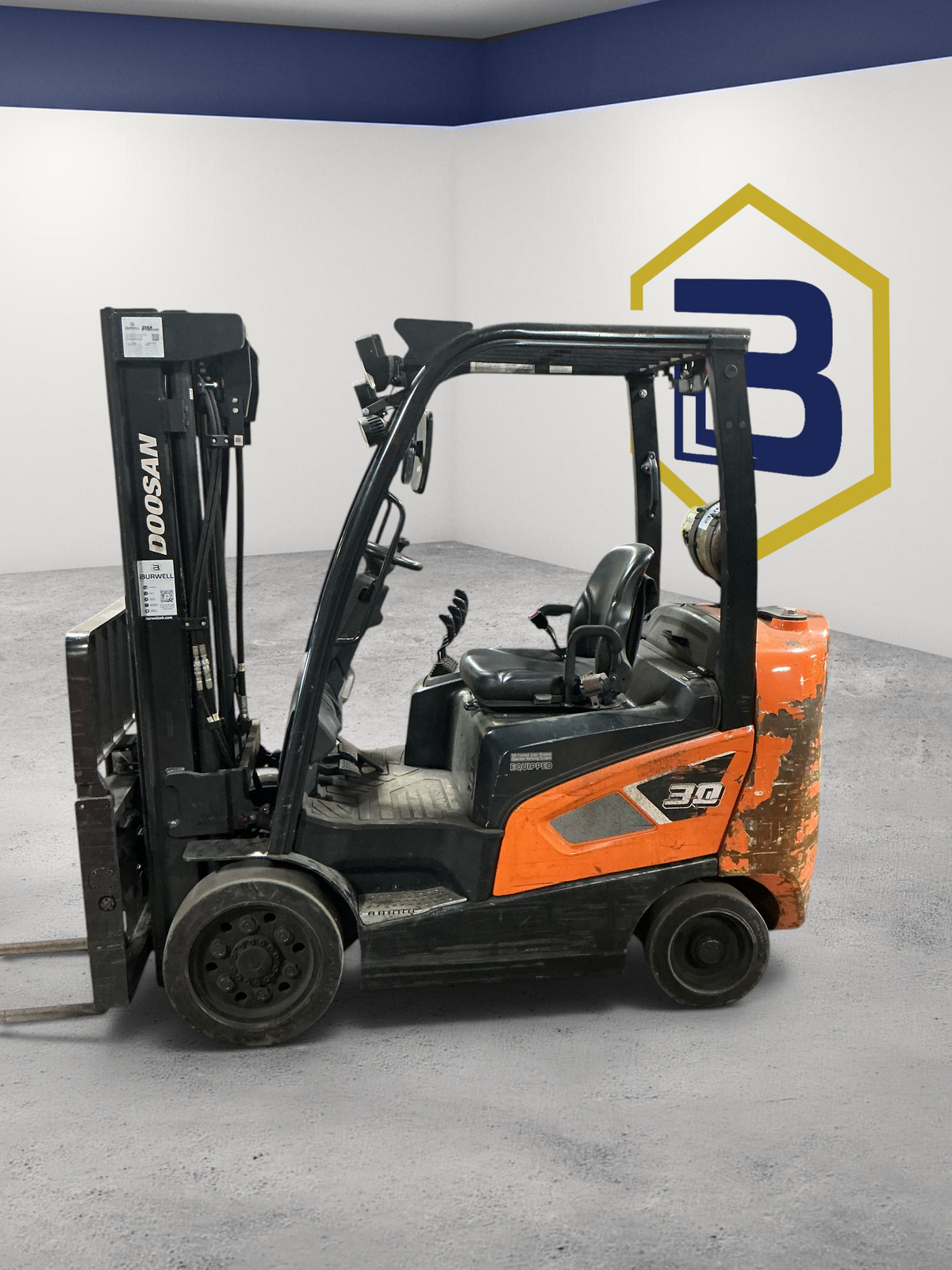 Burwell Material Handling used Doosan GC30S-9 LPG cushion-tire forklift in an indoor warehouse setting