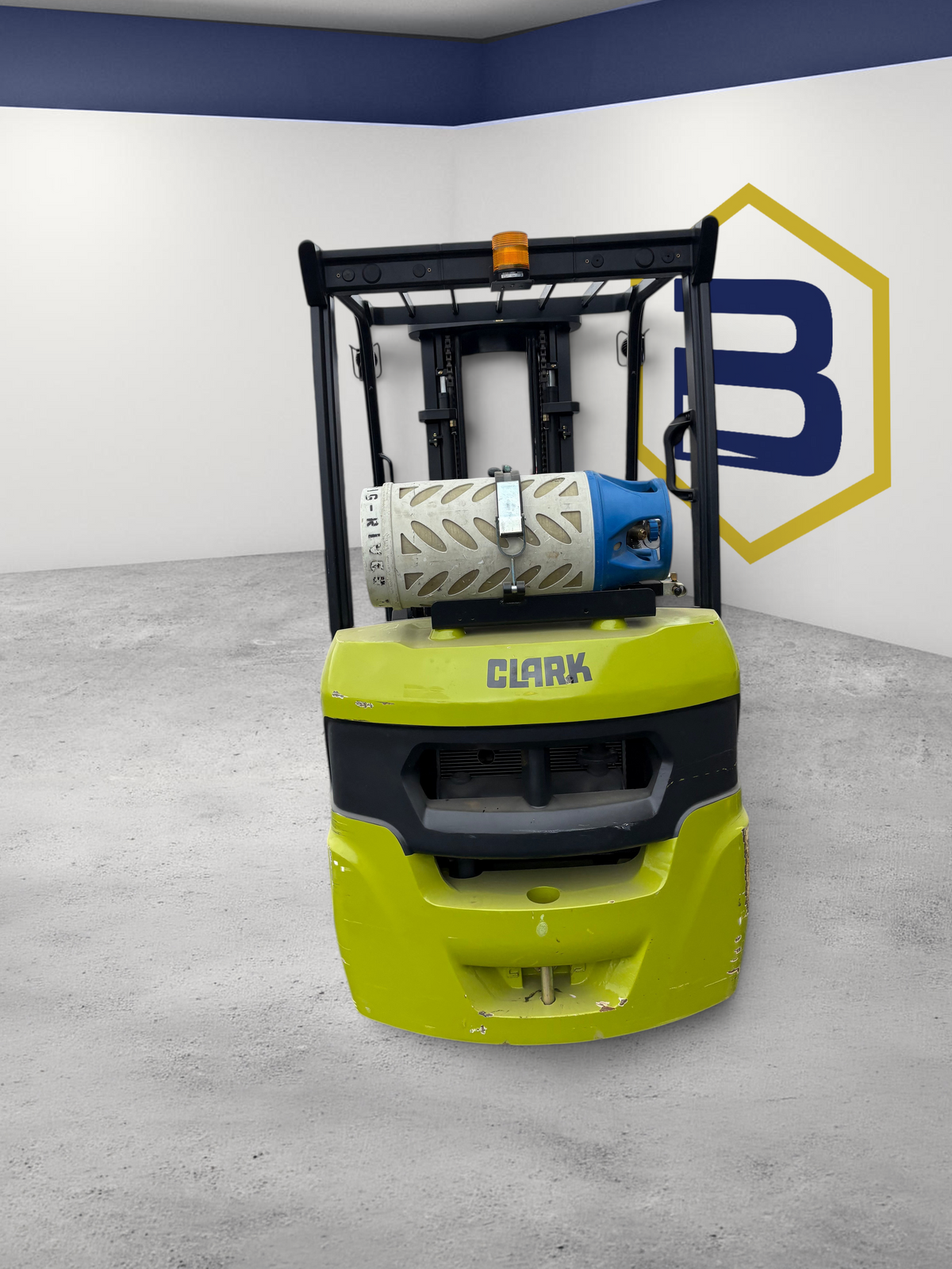 Burwell Material Handling 2022 CLARK S25C cushion-tire forklift in lime green with rear view and LPG tank