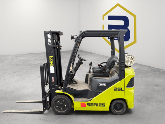 Burwell Material Handling 2022 CLARK S25C cushion-tire forklift in lime green and black parked outdoors