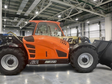Burwell Material Handling 2023 JLG AG823 telehandler with enclosed cab and bucket attachment in side profile view