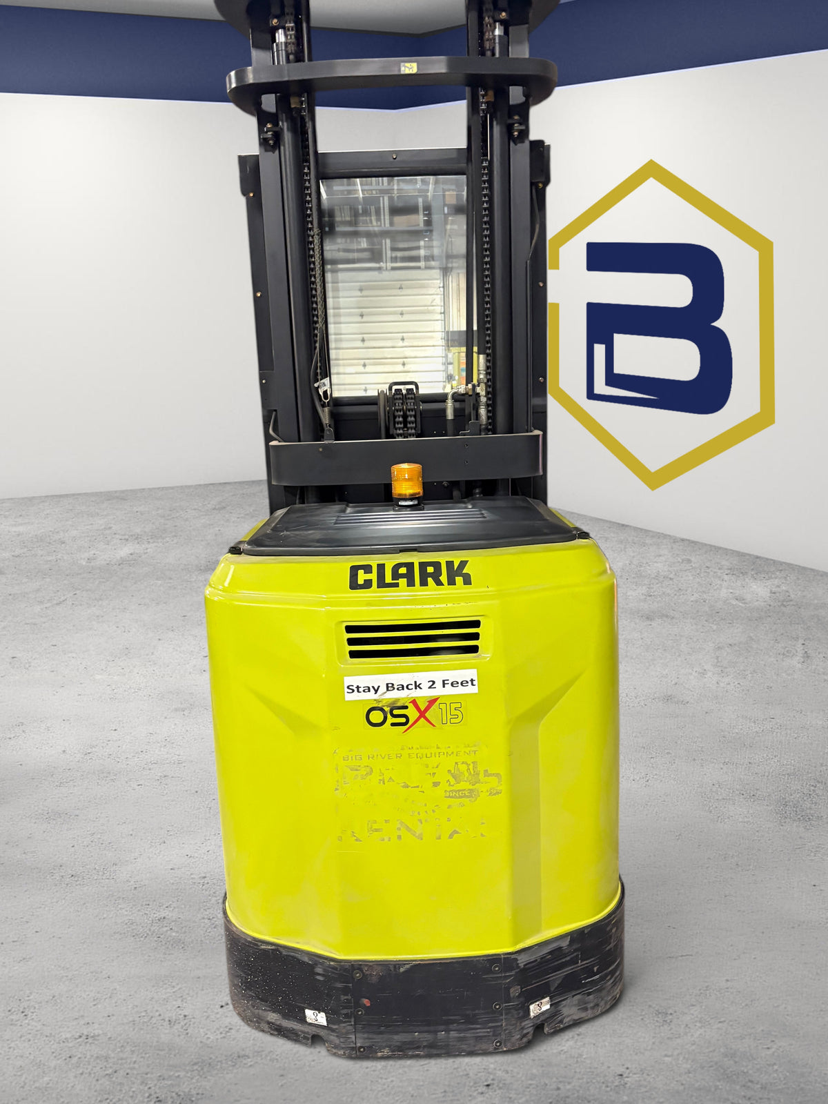Burwell Material Handling 2019 Clark OSX15 electric order picker in bright yellow with a stand-on operator platform.