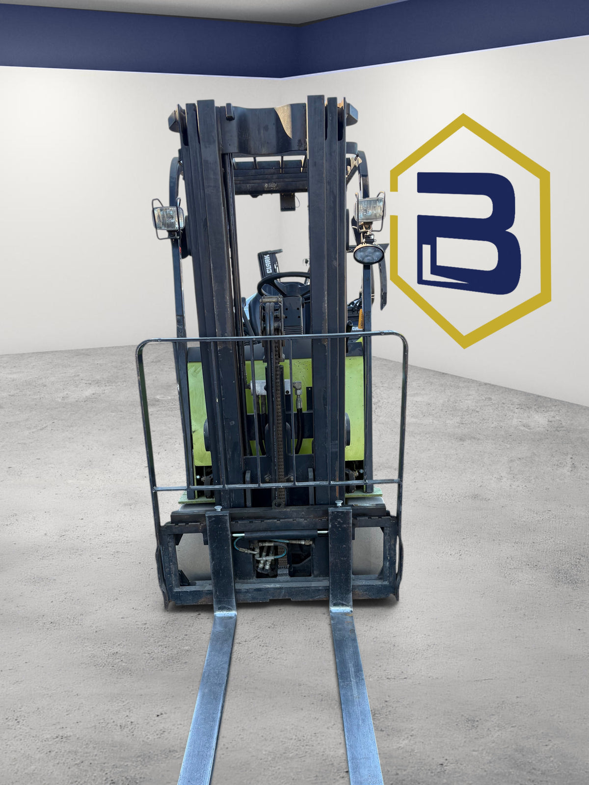Burwell Material Handling 2016 Clark TMX25 electric forklift with 3-wheel chassis and non-marking tires in a parking lot
