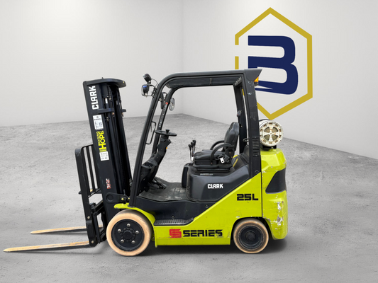 Burwell Material Handling 2020 Clark S25C LPG cushion-tire forklift with triple-stage mast in a warehouse setting