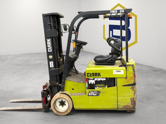 Burwell Material Handling 2007 Clark TMX25 electric cushion tire forklift parked outside a warehouse facility