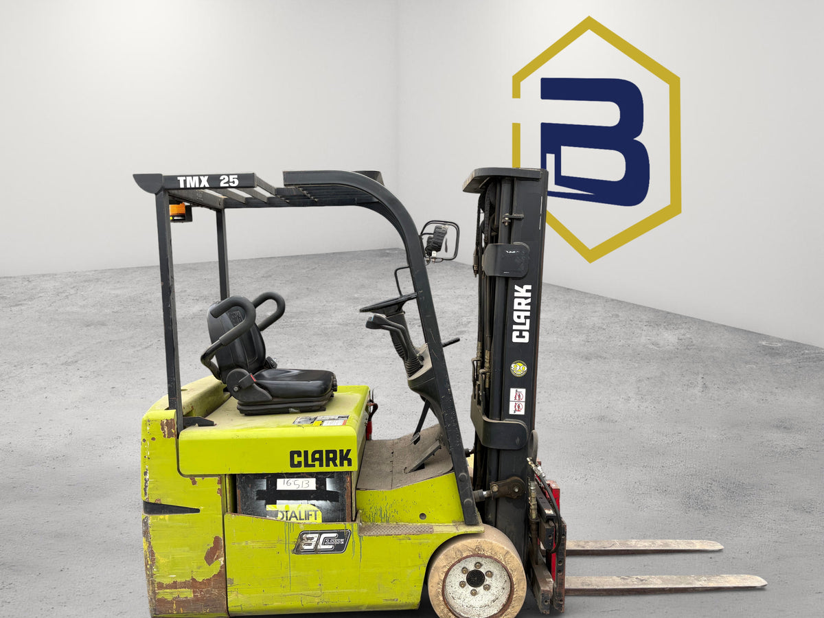 Burwell Material Handling 2007 Clark TMX25 electric sit-down forklift with cushion tires parked outside a warehouse.