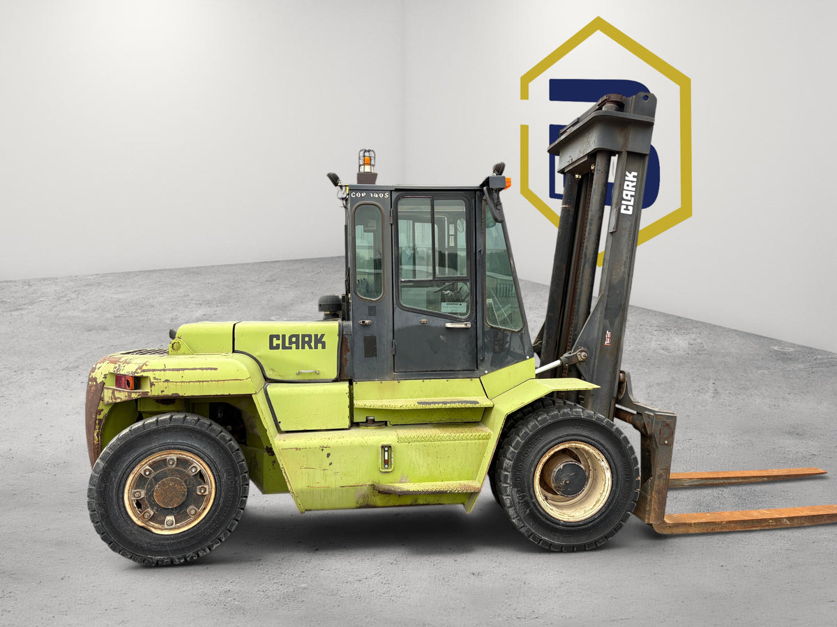 Burwell Material Handling 2000 Clark CDP140S diesel pneumatic forklift with 30,000 lb capacity in a parking lot.