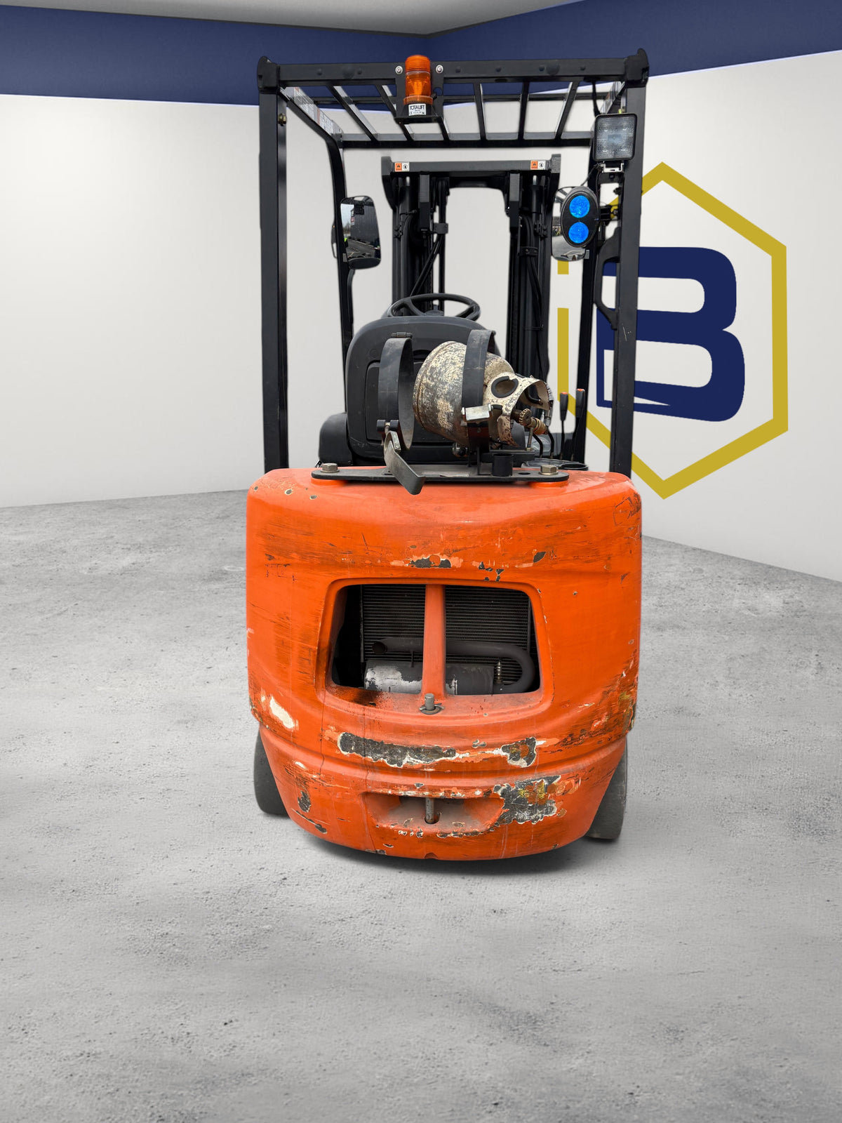 Rear view of a 2014 Burwell Material Handling Doosan GC25E-5 LPG cushion-tire forklift in an outdoor lot.