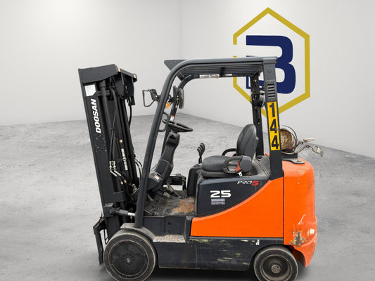 Burwell Material Handling 2014 Doosan GC25E-5 LPG cushion-tire forklift with triple-stage mast parked outdoors.