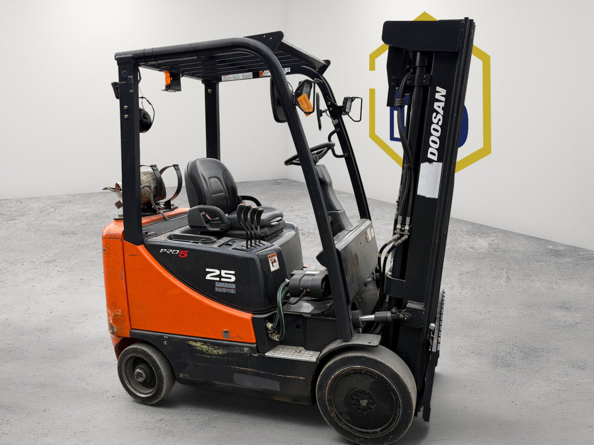 Burwell Material Handling 2014 Doosan GC25E-5 LPG cushion-tire forklift with triple-stage mast in orange and black