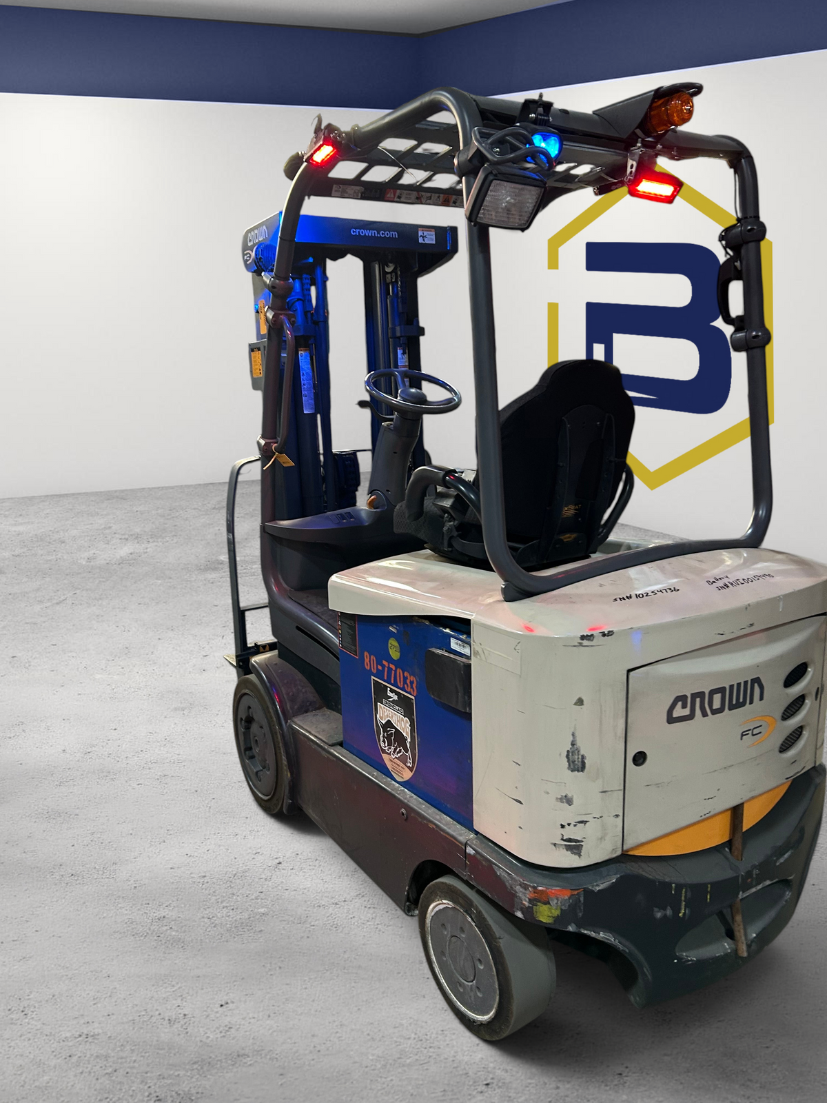 Burwell Material Handling 2021 Crown FC5215-50 electric sit-down cushion forklift in a warehouse setting