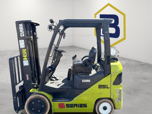 Burwell Material Handling 2020 CLARK S25C LPG cushion-tire forklift parked outside a warehouse facility.