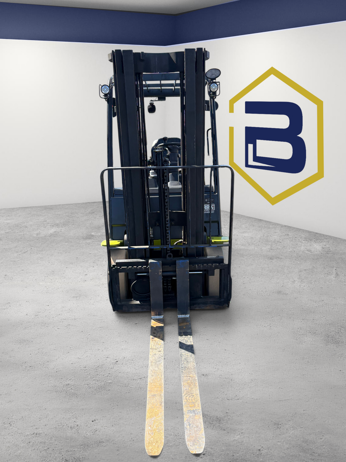 Burwell Material Handling 2020 CLARK S25C cushion-tire forklift viewed from the front in an outdoor lot