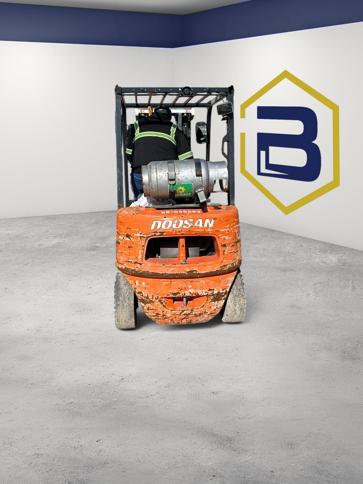 Burwell Material Handling 2016 Doosan G25E-5LP LPG forklift with pneumatic tires parked in an outdoor industrial yard.