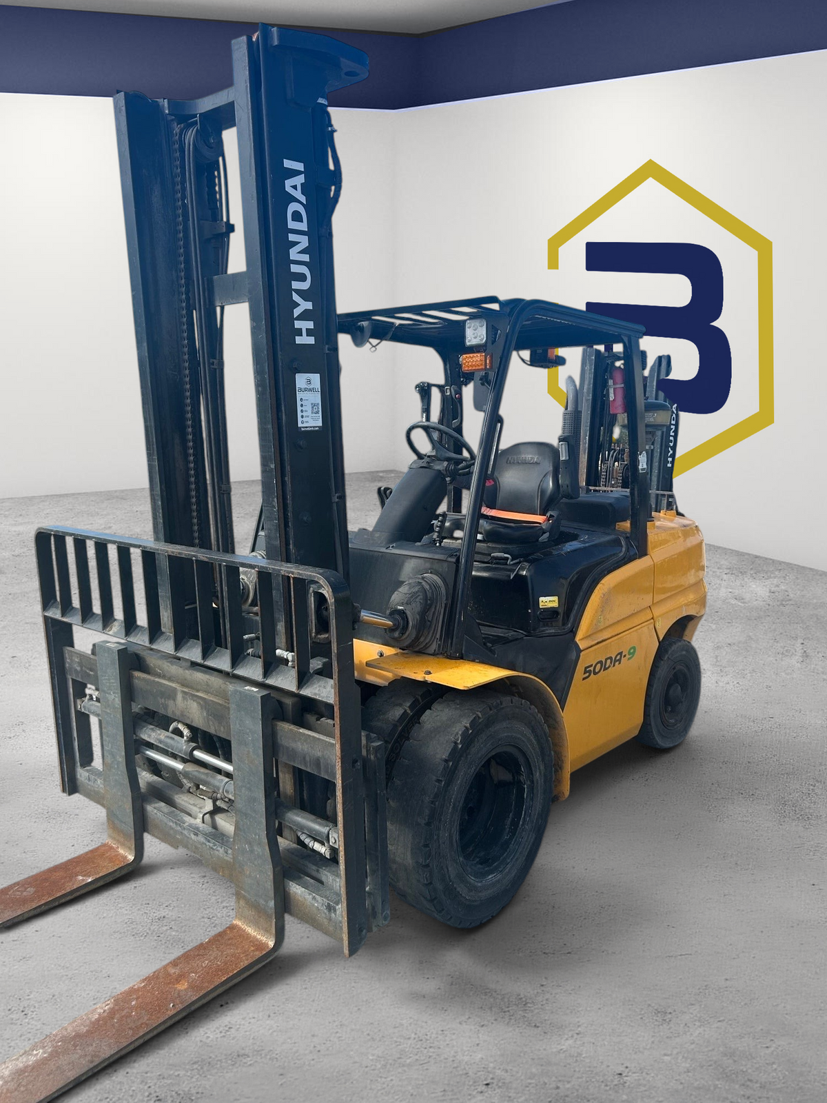 Burwell Material Handling 2021 Hyundai 50DA-9 diesel forklift with pneumatic tires and high-visibility mast