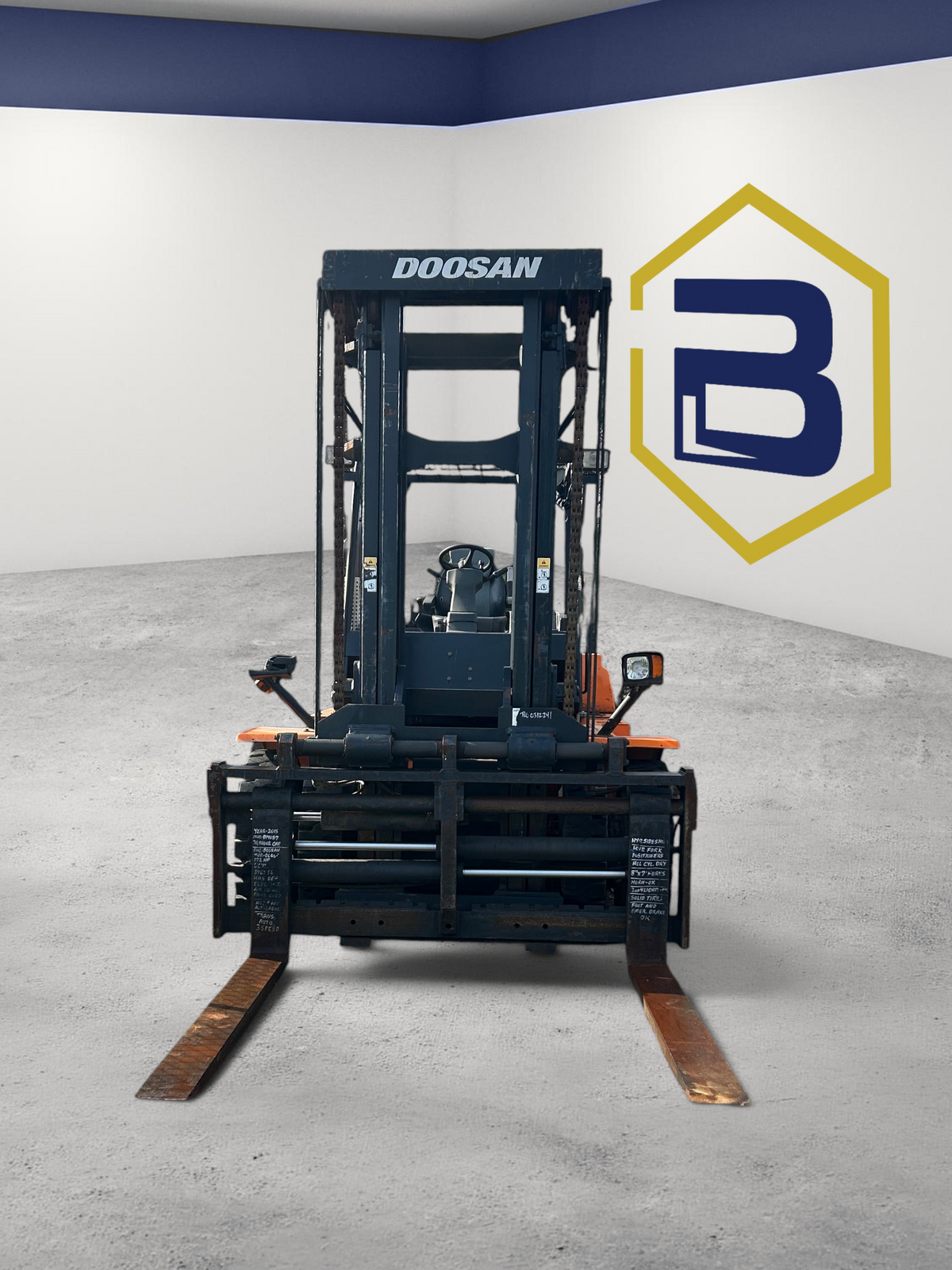 Burwell Material Handling used Doosan D140S-7 diesel forklift with enclosed cab and side-shift fork positioner outdoors.