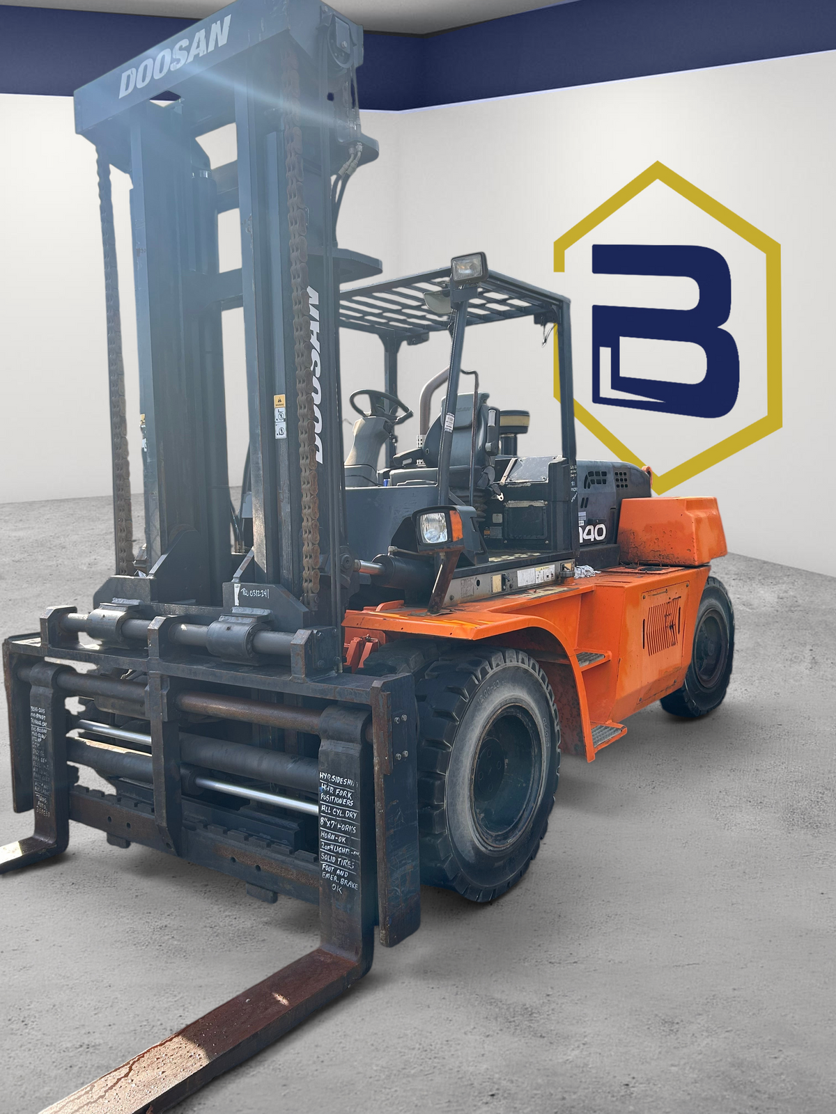 Burwell Material Handling used DOOSAN D140S-7 diesel forklift with enclosed cab and side-shift fork positioner