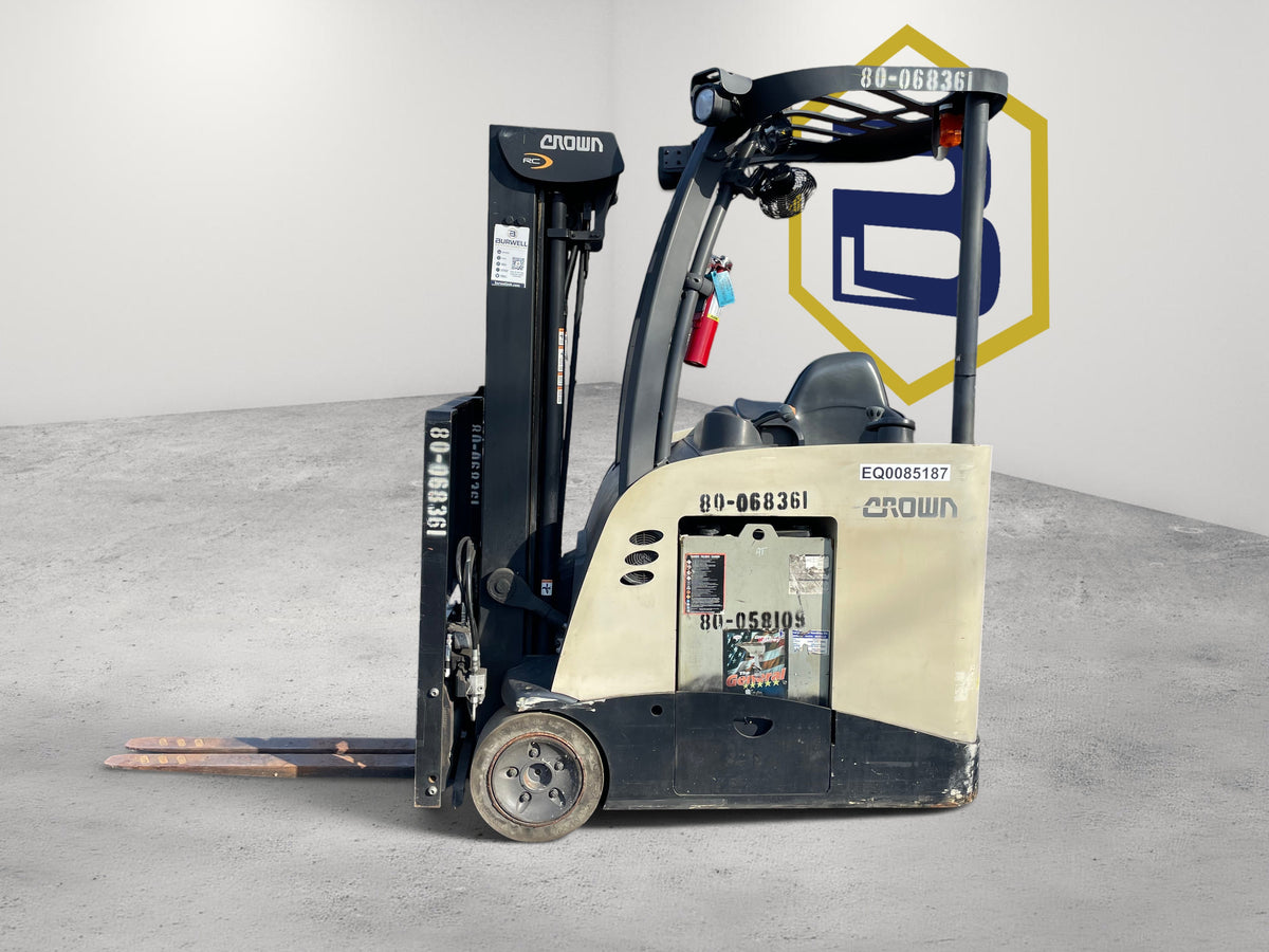 Burwell Material Handling 2020 Crown RC5535-35 electric stand-up forklift with cushion tires in a parking lot.