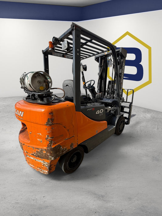 Burwell Material Handling 2019 Doosan GC40S-5 forklift with triple mast, sideshifting forkpositioner, and new tires.