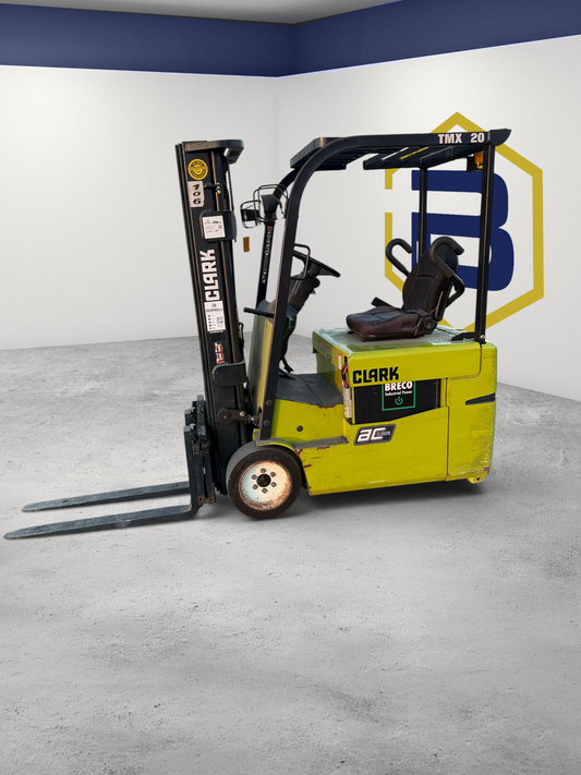 Burwell Material Handling 2014 Clark TMX20 electric sit-down forklift with yellow chassis and triple-stage mast