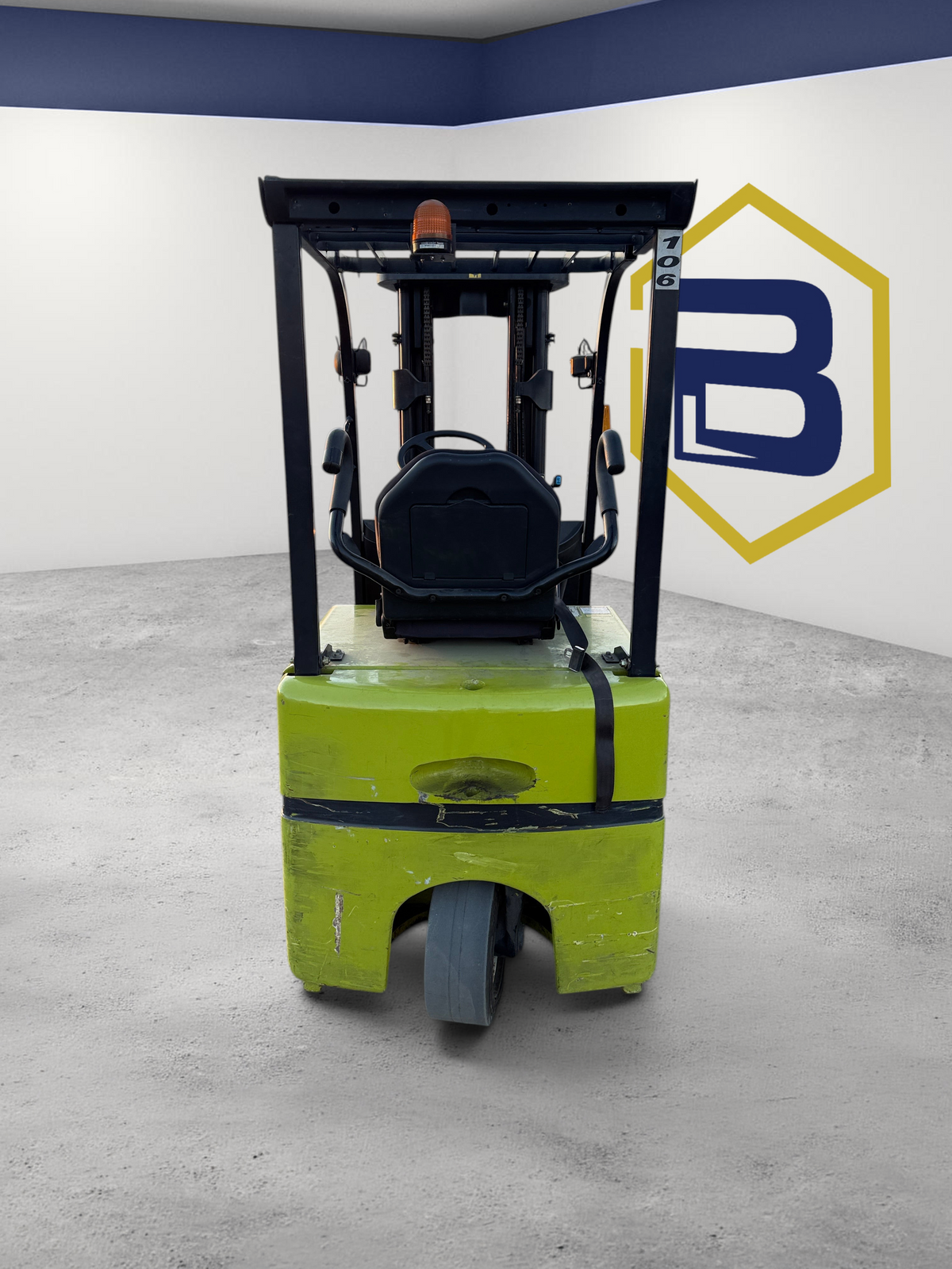 Burwell Material Handling 2014 Clark TMX20 electric sit-down forklift in lime green, rear view on outdoor pavement.
