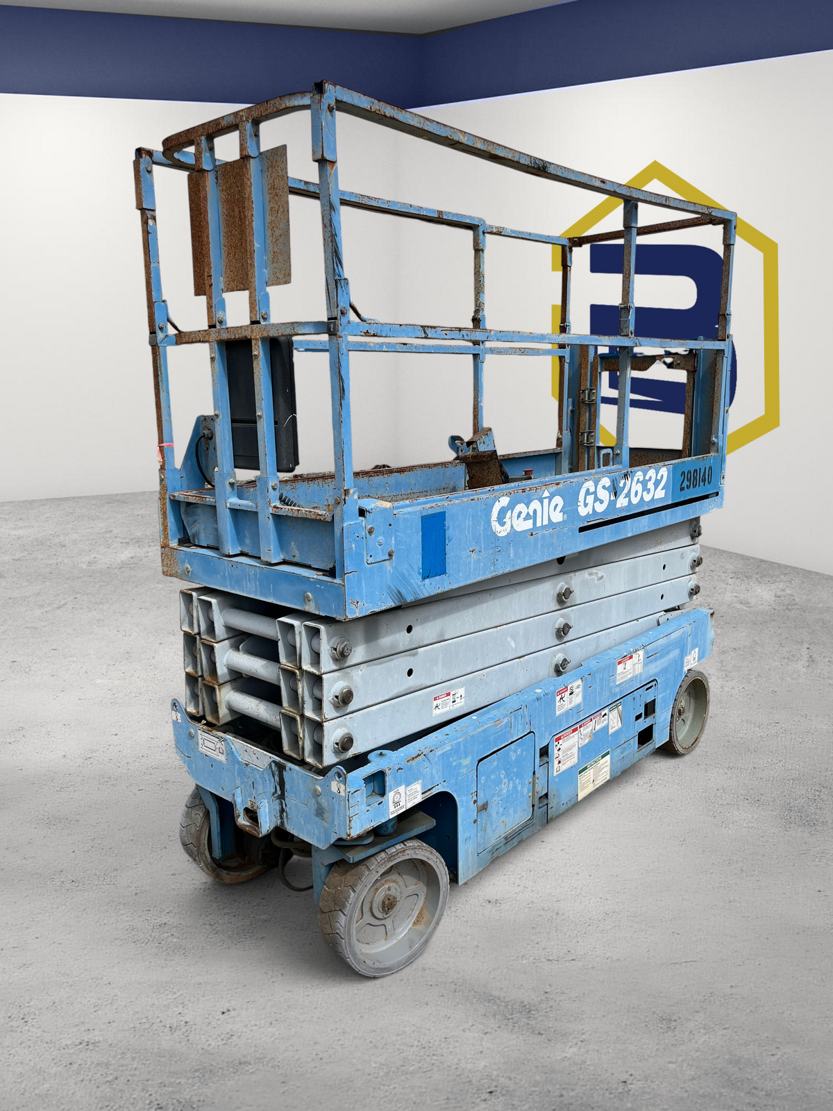 Burwell Material Handling 2014 Genie GS-2632 electric scissor lift with blue frame and 26 ft platform height