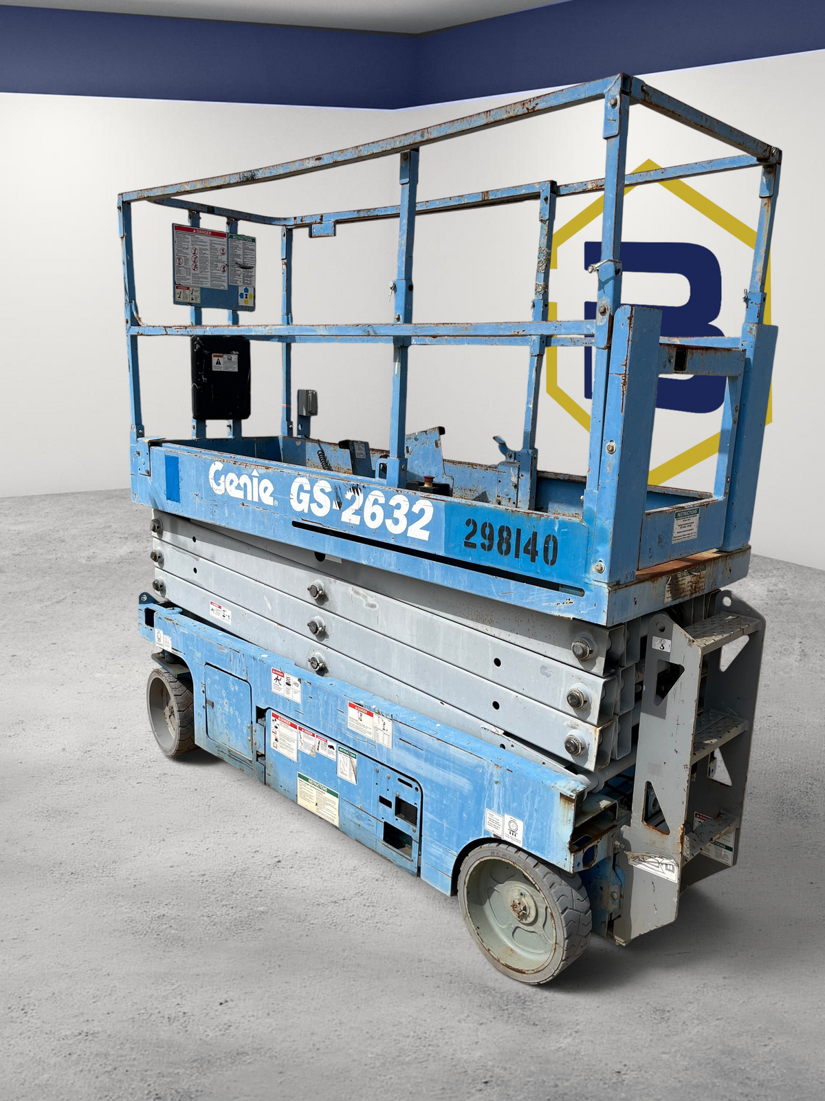Burwell Material Handling 2014 Genie GS-2632 electric scissor lift in blue, featuring a 26 ft platform height.
