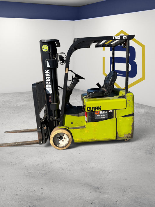 Burwell Material Handling 2019 CLARK TMX25 electric forklift with lime green body and cushion tires outdoors
