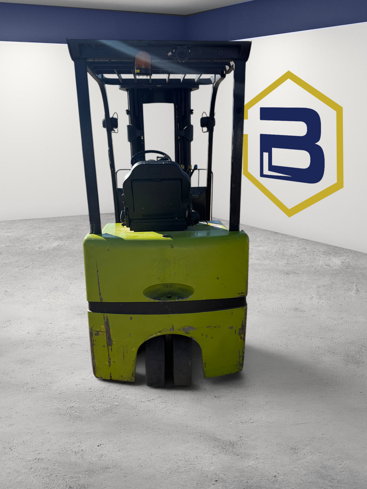 Rear view of a lime green Burwell Material Handling 2019 CLARK TMX25 electric forklift parked on concrete