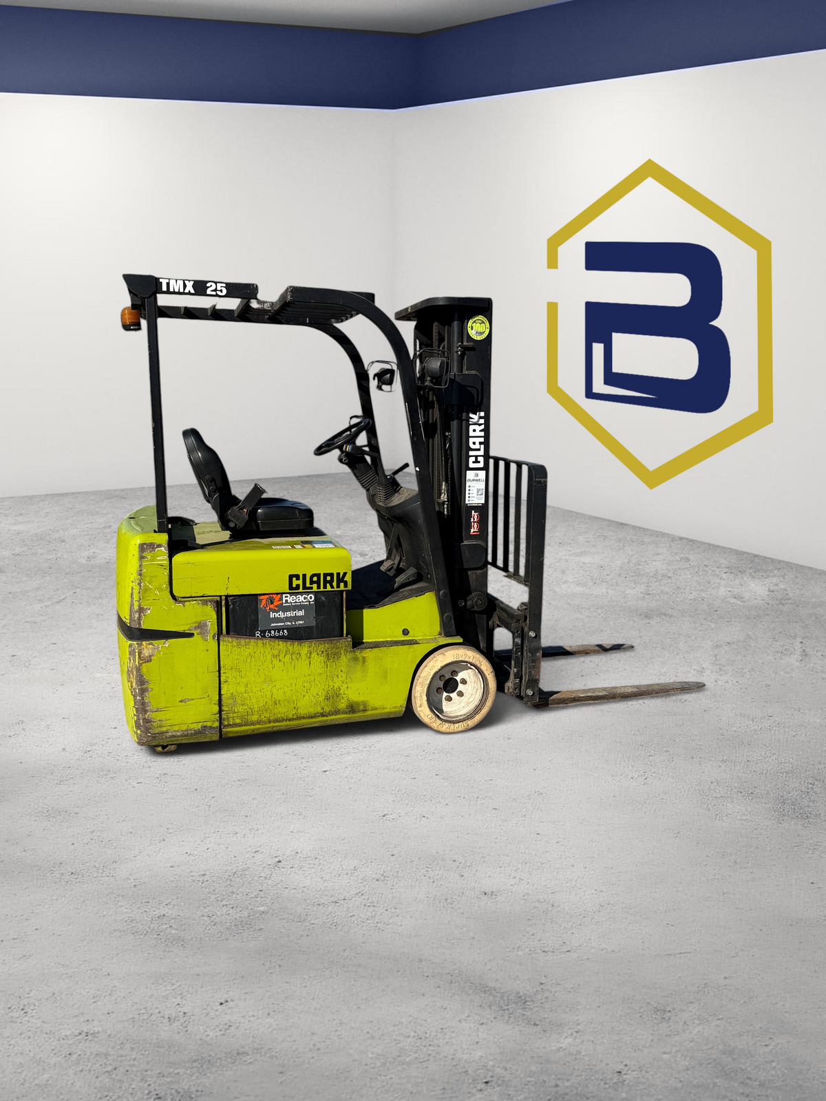 Burwell Material Handling 2019 CLARK TMX25 electric rider forklift with 5,000 lb capacity and cushion tires