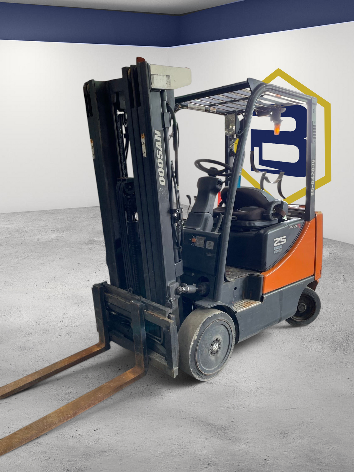 Burwell Material Handling 2017 Doosan GC25P-5 LPG cushion tire forklift in orange and grey parked in a warehouse.