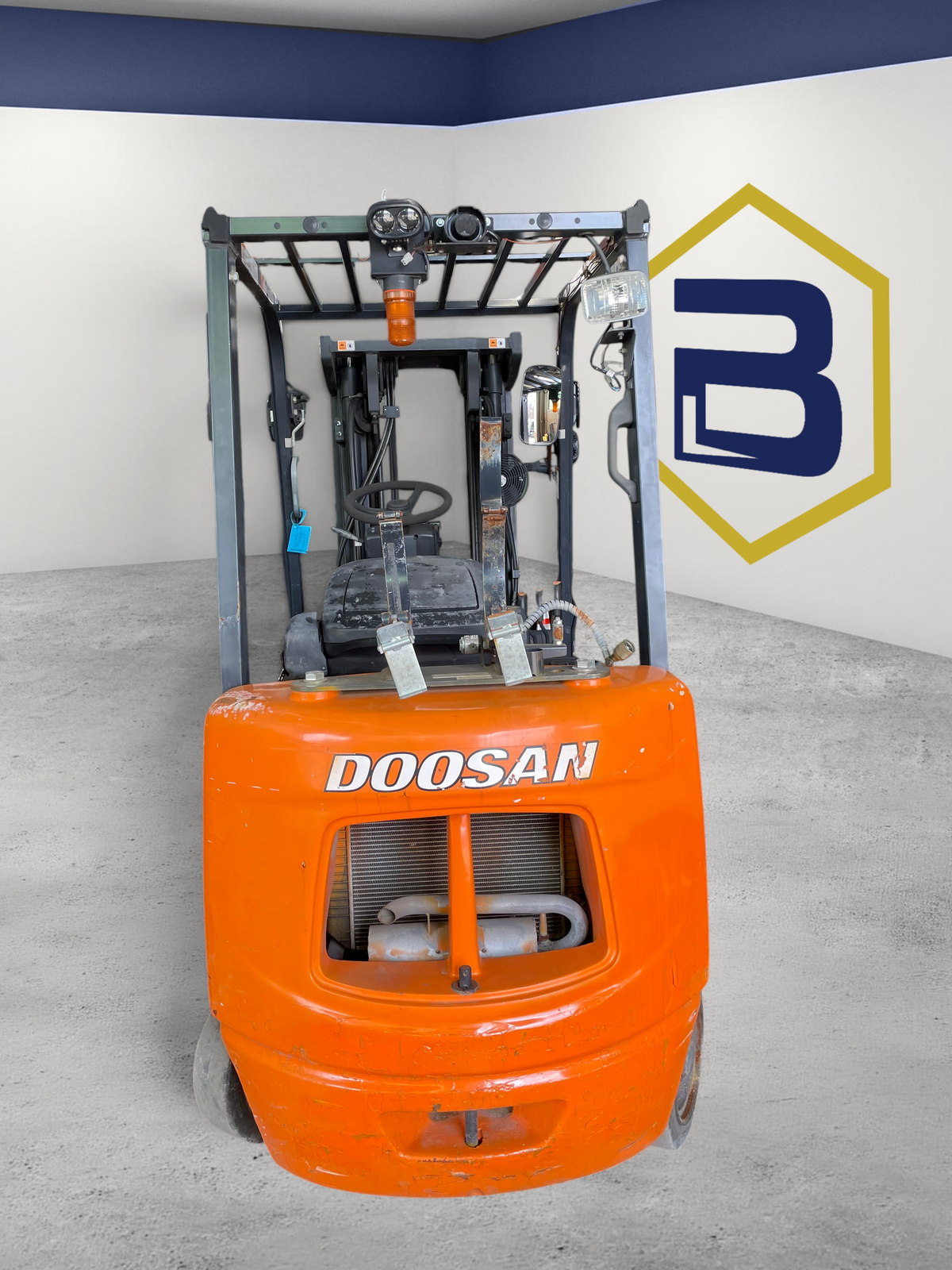 Burwell Material Handling 2017 Doosan GC25P-5 LPG cushion tire forklift, front view showing orange body and guard.