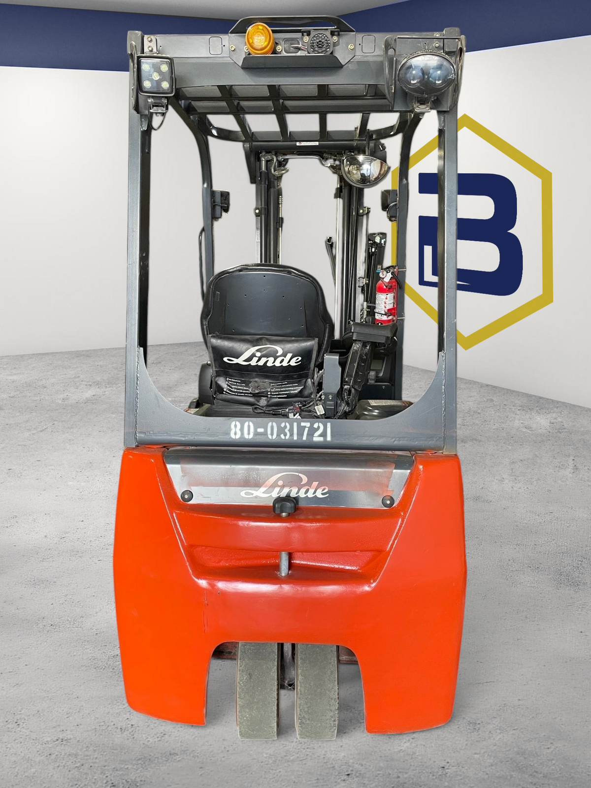 Burwell Material Handling 2016 Linde E20 electric 3-wheel sit-down forklift in red, viewed from the rear.