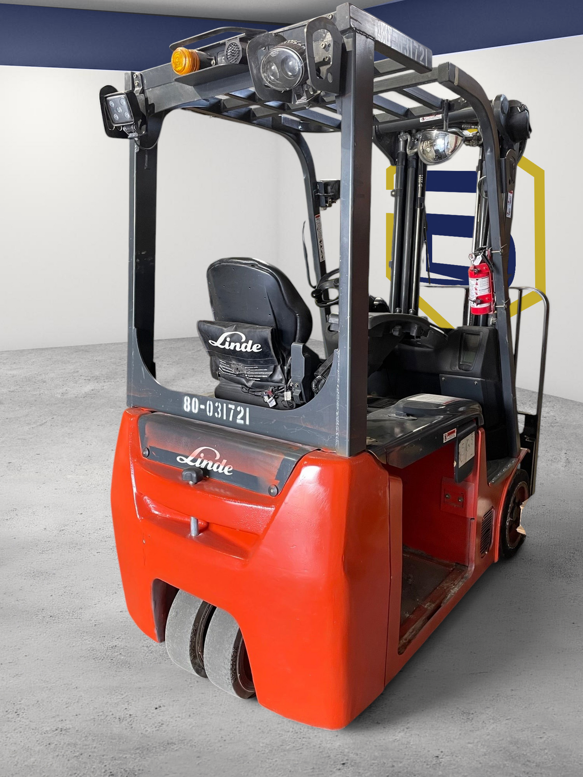 Burwell Material Handling 2016 Linde E20 electric 3-wheel sit-down forklift in red, viewed from the rear.