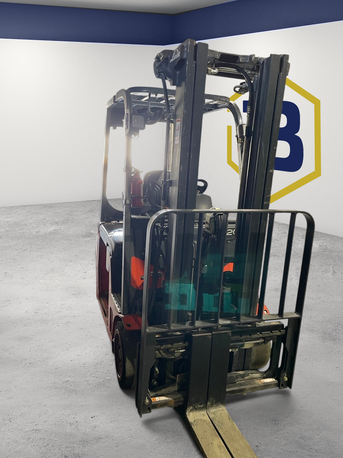Burwell Material Handling 2016 Linde E20 electric 3-wheel sit-down forklift parked in a warehouse