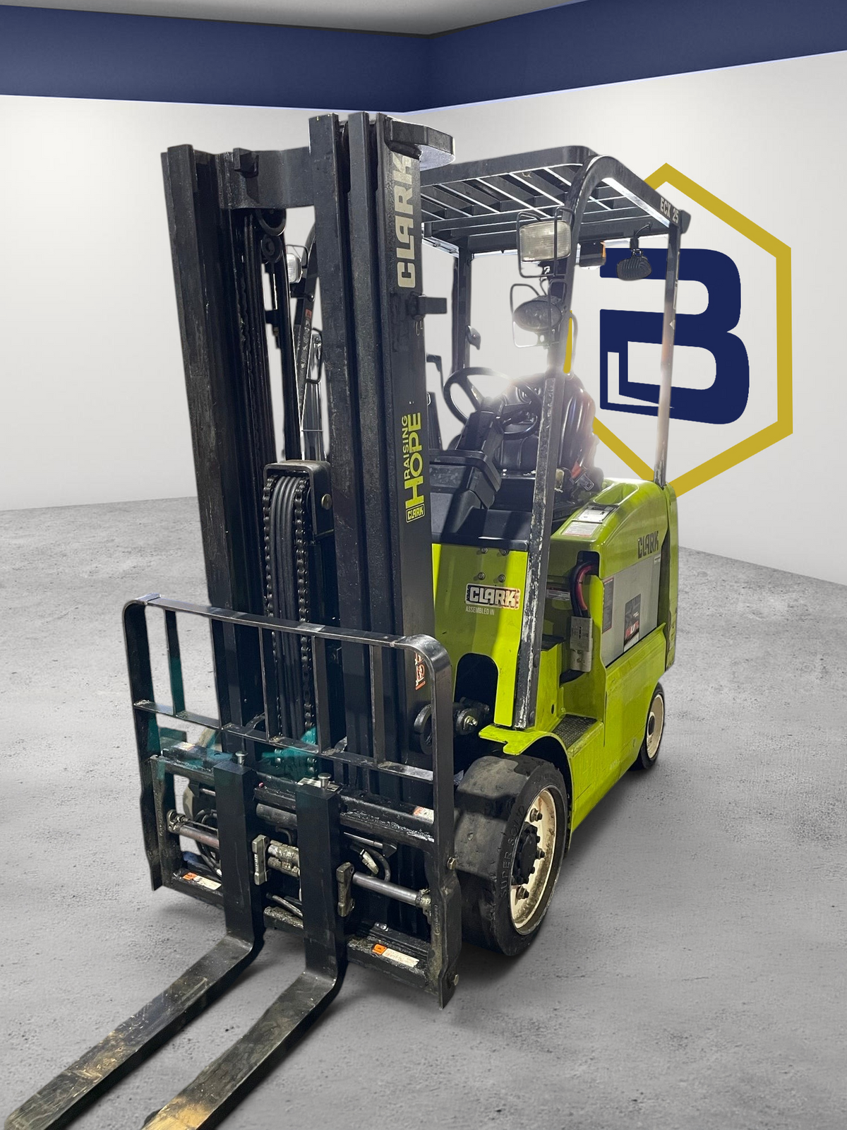 Burwell Material Handling used CLARK ECX25 electric sit-down forklift with lime green chassis in a warehouse