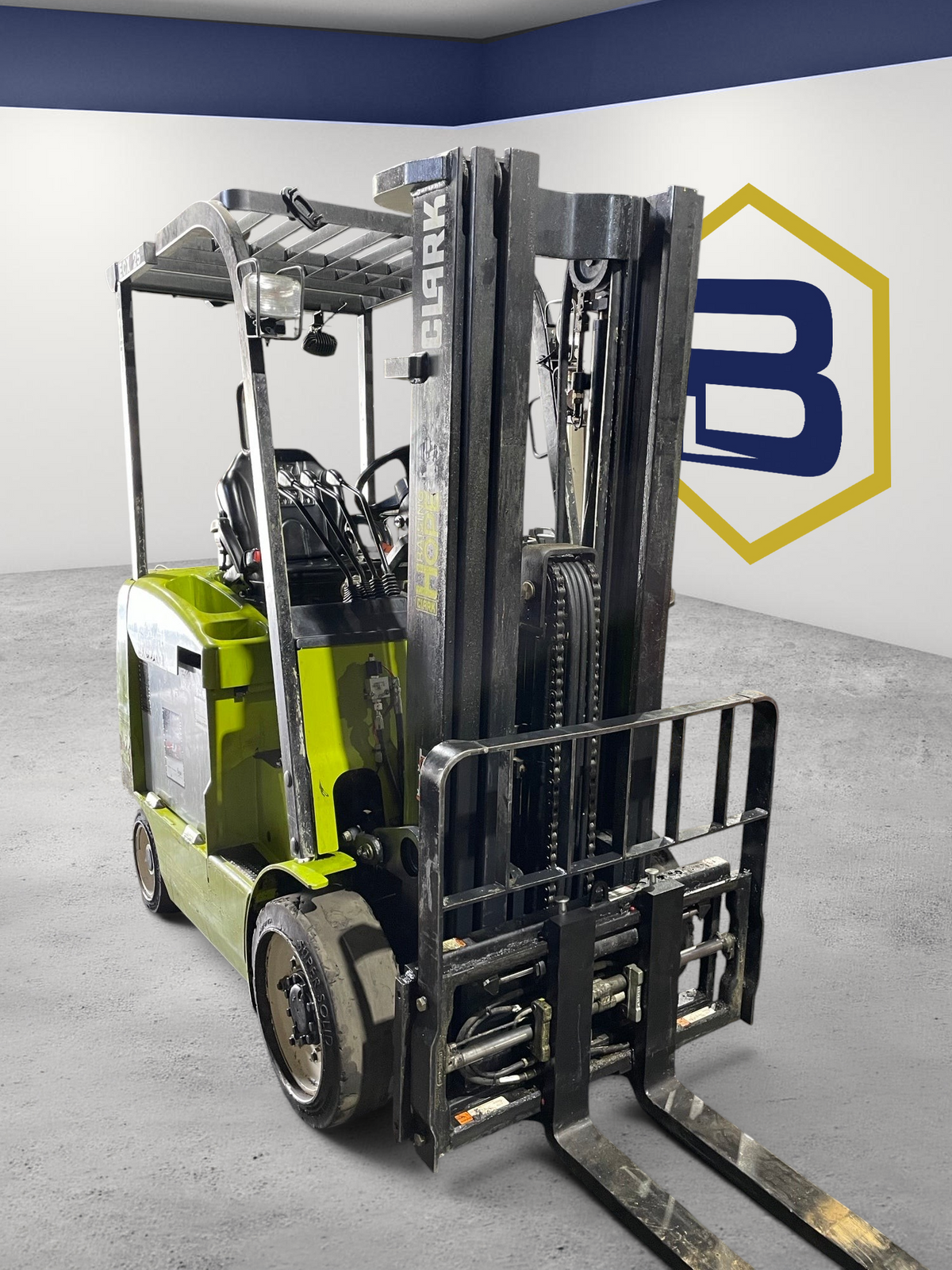 Burwell Material Handling CLARK ECX25 electric sit-down forklift in lime green with black mast in a warehouse