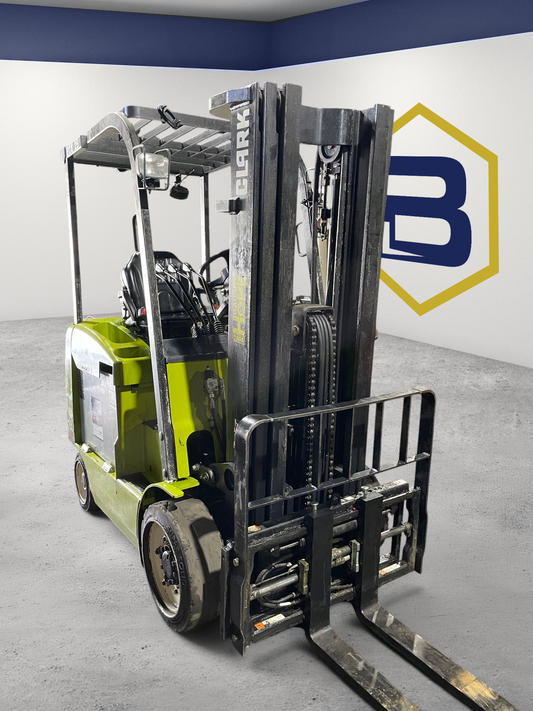 Burwell Material Handling CLARK ECX25 electric sit-down forklift in lime green with black mast in a warehouse